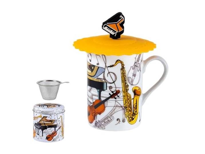 DRW Set mit 6 Teetassen mit Filter, Edelstahl, mit Musikinstrumenten, Tasse: 8 x 8 x 10 cm