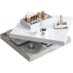 Doppelschichtiger Couchtisch 70x70x36 cm mit 360° Drehfunktion, Hochglanzplatte und Marmor-Design, praktisches Ablagefach in Weiß