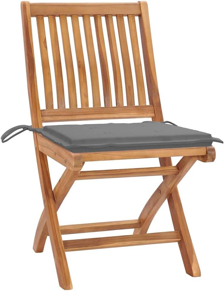 2er-Set klappbarer Gartenstühle aus massivem Teakholz mit grauen Sitzkissen für Terrasse und Balkon, gebogene Sitzfläche und Rückenlehne, maximale Belastbarkeit 110 kg