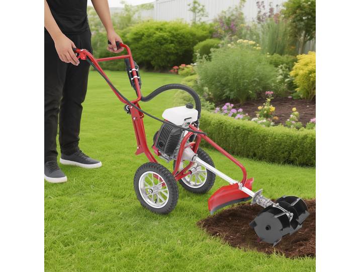 Micro-cultivateur 63CC 4 temps 3-en-1 : Machine de travail du sol pour jardins, outil pour ameublir le sol, tondeuse pour labourer/creuser des sillons/écheniller