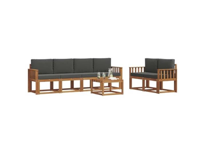 Sofa-Set für den Außenbereich, 7-teilig, Massivholz, Akazie, Natur Lattenrost-Design, abnehmbare Kissen, witterungsbeständig, Tisch inklusive