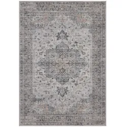 Orientteppich waschbar 30 Grad VERNANTE kantiges Medaillon Kurzflor Polyester gekettelt 160 x 230 cm Beige-Grau Büro | Kadima Design