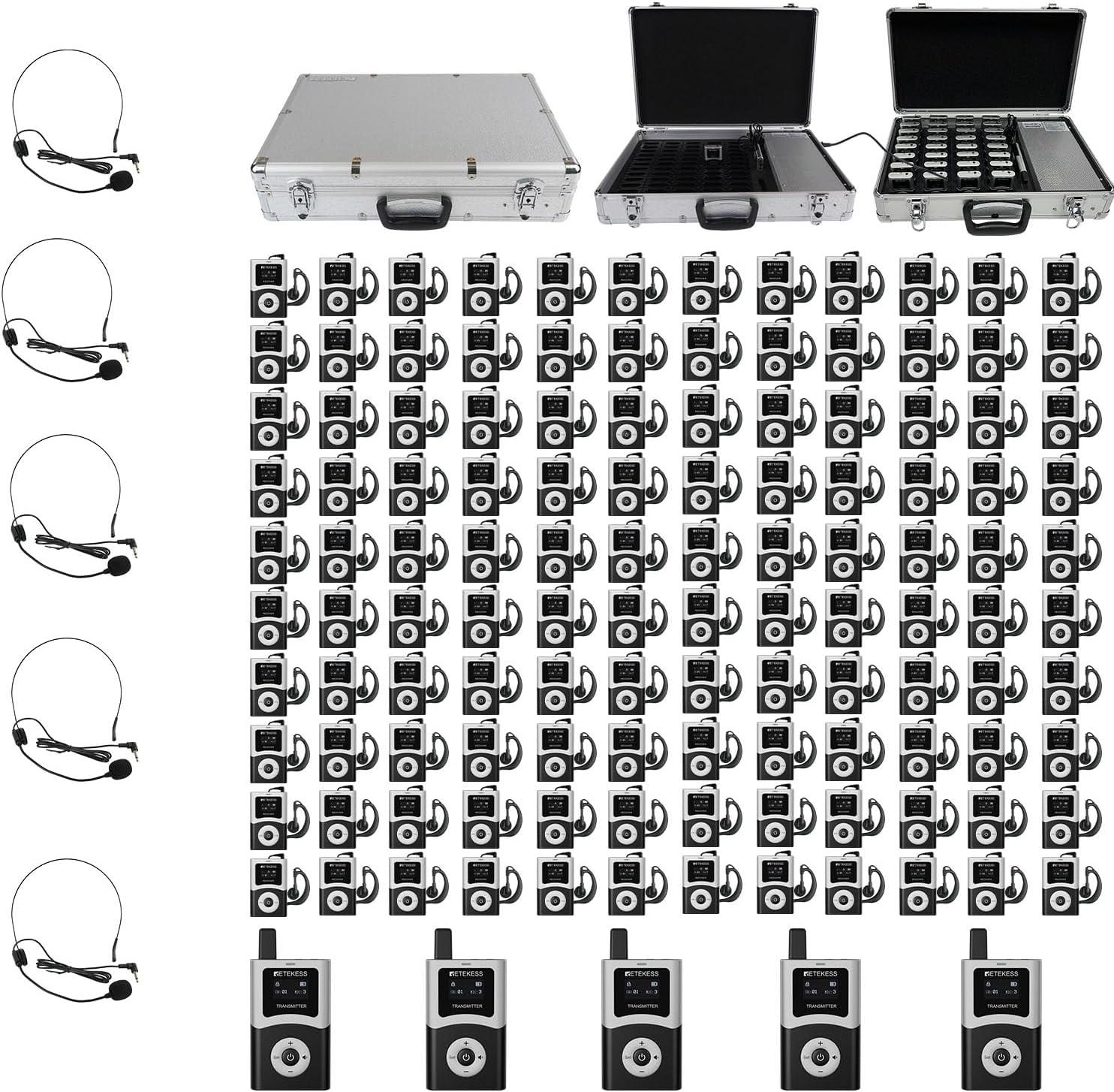Retekess T130U (T130 4rd) Tour Guide System, 200M, 40H, 120 Empfänger,Automatische Kopplung mit einem Tastendruck, Ladekoffer mit 32/60 Steckplätzen