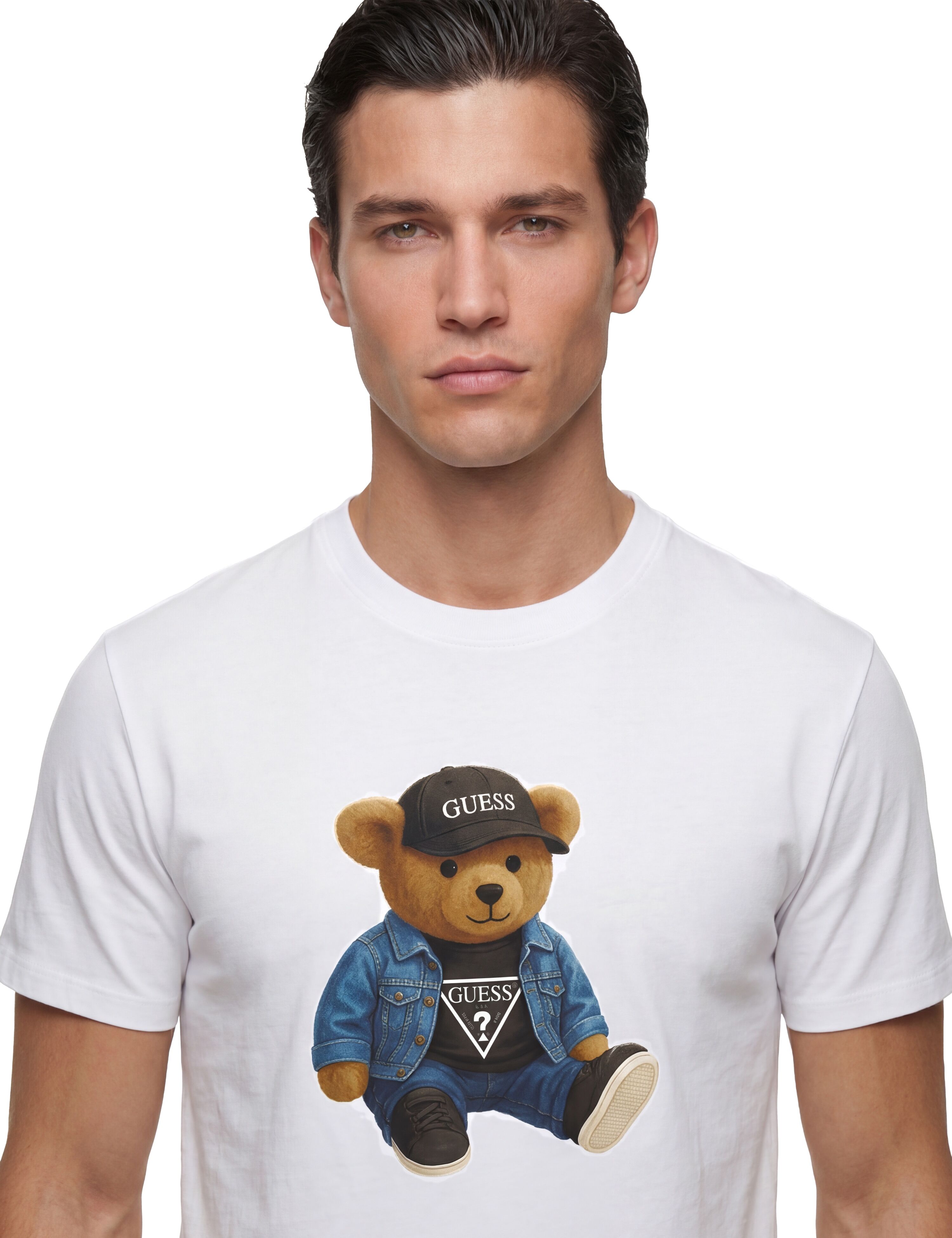 T-Shirt GUESS "GUESS TEDDY BEAR", Herren, Gr. XL, weiss (pure weiß), Jersey, Obermaterial: 100% Baumwolle, unifarben, regular fit normal, Rundhals, Shirts T-Shirt, aus reiner Baumwolle, Rundhalsausschnitt pure weiß XL