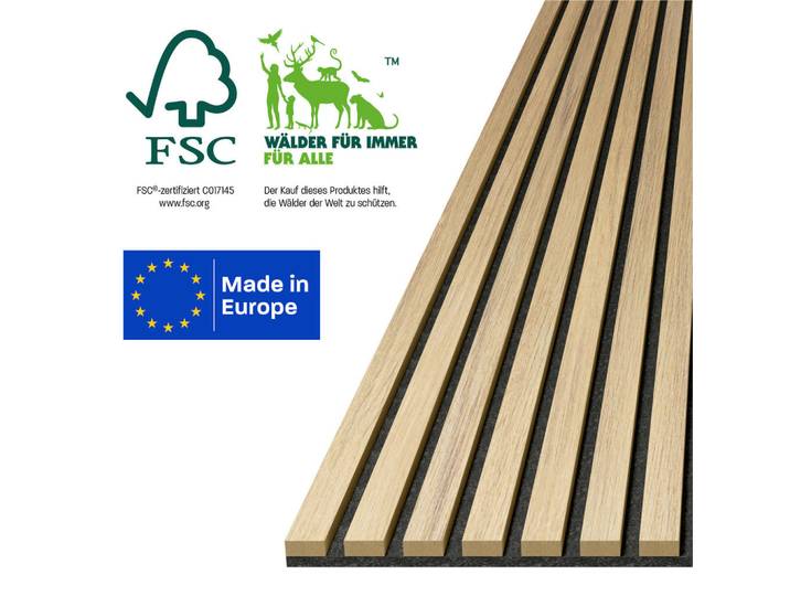 Novel Akustikpaneel acous Professional, Hellbraun, Holz, Kunststoff, Eiche, furniert, Holz, 57x1.8x250 cm, Fsc, Sonderfräsungen möglich, Montage ohne Bohren, Tapeten & Wandverkleidungen, Akustikpaneele