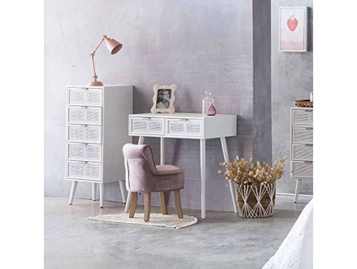 WANDERLUST DECO Chiffonnier en bois et rotin laqué blanc avec cinq tiroirs