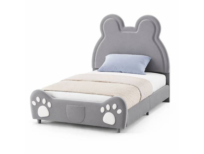 Lit Enfant\, Lit Simple Rembourré En Forme D'Ours 90 × 200 Cm\, Sans Matelas\, Tissu Velours\, Gris