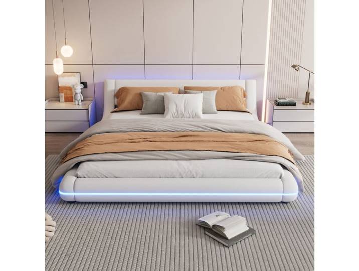 lit de sol SENVIRO – blanc avec éclairage LED d ambiance – 160 x 200 cm