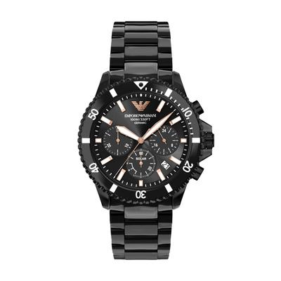 Chronograph EMPORIO ARMANI "WORLD EXPLORER", schwarz (schwarz, schwarz, schwarz), Armbanduhren, Herren, Chronograph, Armbanduhr, Solar, Keramik, analog, Tag, Stoppfunktion