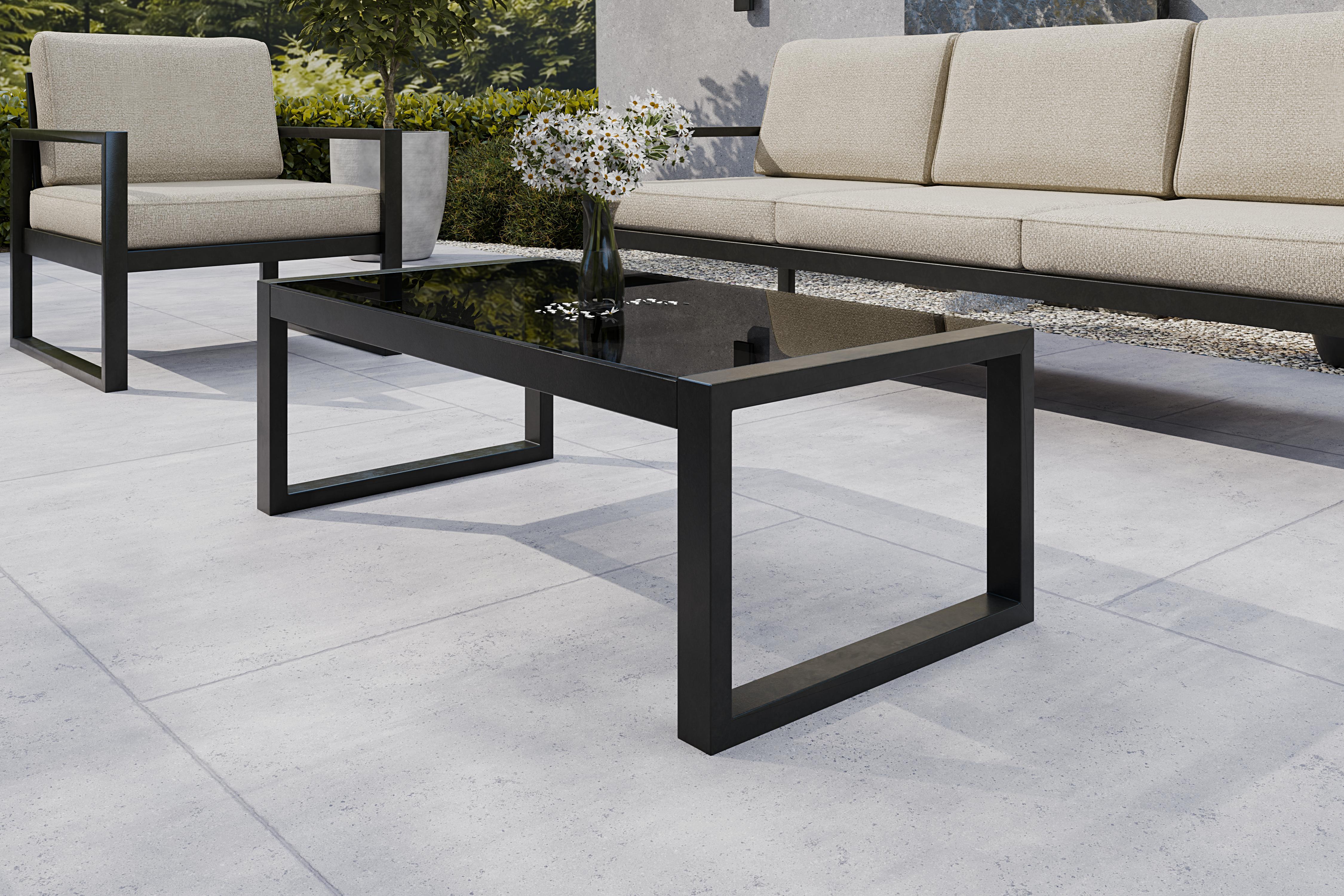 Margaret Hadas24 Gartentisch Outdoor Madera Couchtisch Terrasse Balkon wetterfest Metall Glas Balkonmöbel Sitzbank mit Lehne, Gartenmöbel, schwarz