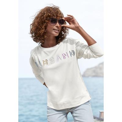 Sweatshirt ELBSAND "Alma", Damen, Gr. L (40), weiß, Sweatware, Obermaterial: 95% Baumwolle, 5% Elasthan, unifarben, figurumspielend hüftlang, Rundhals, gerader Abschluss, Sweatshirts Sweatshirt, mit Logostickerei vorne, lässige Passform,...