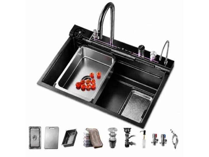 Schwarze Küchenspüle Edelstahl mit Wasserfall, Multifunktional mit LED Durchdachte Küchenstation für komfortables Spülen, Waschen und Vorbereiten mit vielseitiger Ausstattung