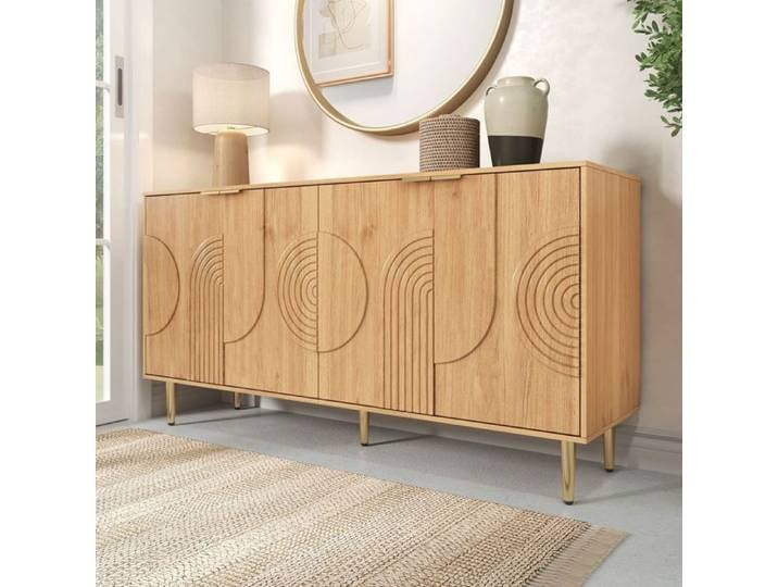 Buffet 140x40x72 cm avec façades sculptées - Buffet Salle À Manger - Style bois naturel 4 portes étagères et pieds en métal doré