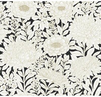 York Wallcoverings Wood Block Blooms Black & Gold Wallpaper