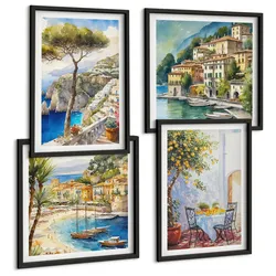 BILDER SET 4er Set - 50x50 cm & 40x60 cm Schwarzer Rahmen - Italienische Städte (Aquarell)