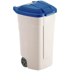 Mülltonne 110 L beige mobiler Container mit blauem Deckel aus Polyproylen, mit Rädern und ergonomischen Handgriffen