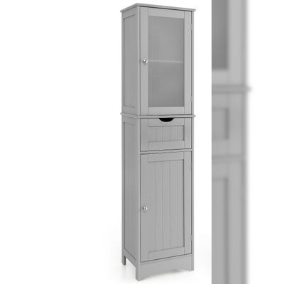 COSTWAY 170cm Hochschrank Bad mit Schublade, verstellbaren Ablagen & Milchglastür, Holz, Schwarz