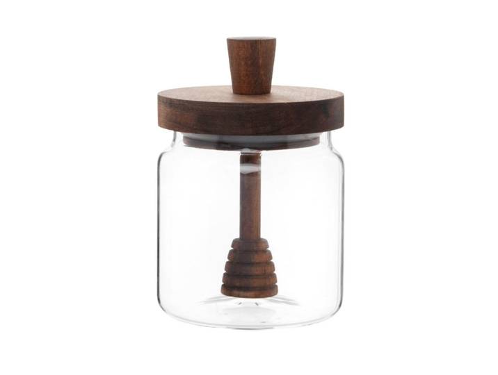 Honigtopf aus Glas mit Deckel und Löffel aus Akazienholz