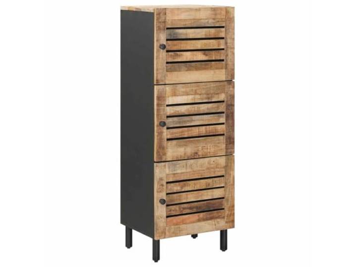 GHVBNMF Highboard 40x33x110cm Massivholz Mango Schrank Natur Schlanker Mehrzweckschrank fürs Wohnzimmer mit 3 Türen und Messingknöpfen für geordnete Medien und Dekoration.