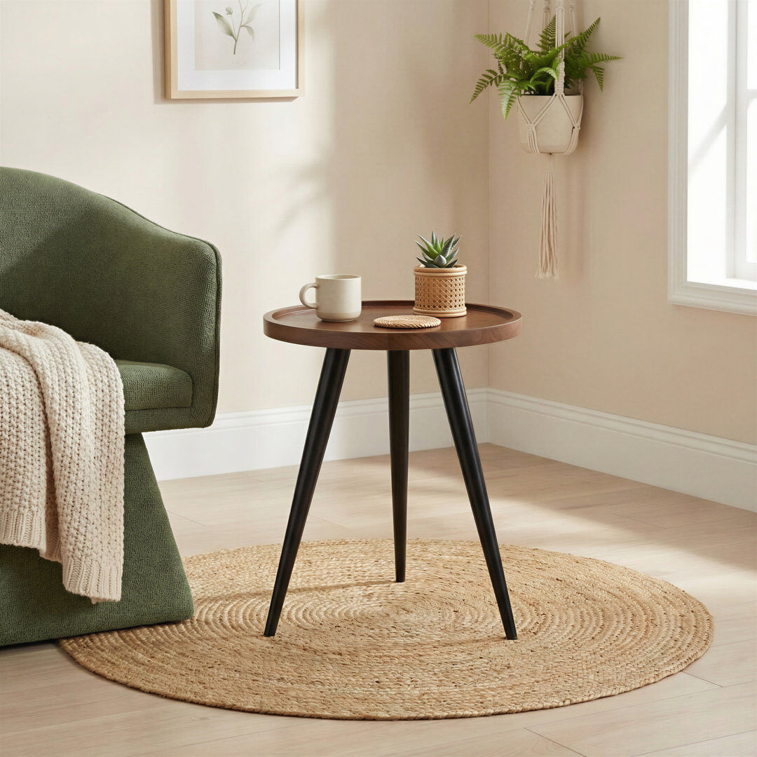 Ivy Bronx Maya Circular Dark Walnut Stain Wooden Side End Table With Tapered Legs - Three Legged Farmhouse Design Brown Wood 50cm H X 40cm W X 40cm D