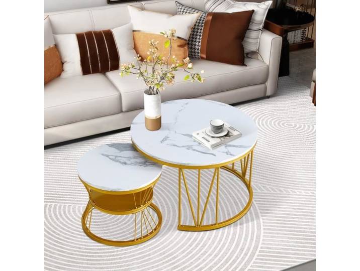 Table basse gigogne - DREAMMESPACE - Ronde - Plateau en marbre - 2 pièces - Design moderne