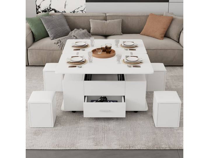 Table basse modulable blanche 100 x 50 x 45 cm relevable extensible 4 tabourets rangement