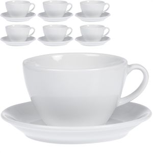Esmeyer Kaffeetassen Bistro mit Untertassen, 400ml, Porzellan weiß, Milchkaffeetassen, Set 12-teilig, 6 Stück