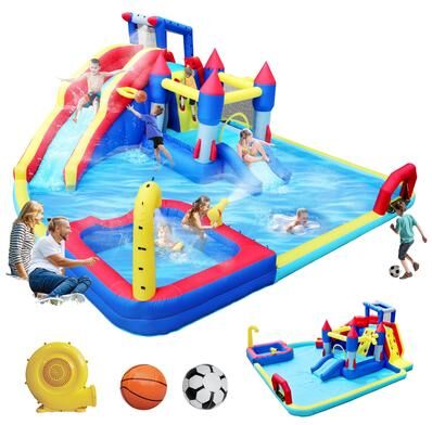 Kodotan sofa 10 In 1 Inflatable Slide Water Park Bouncing House Garden With Splash Pool & Water Gun & Basketball & Climbing Wall
