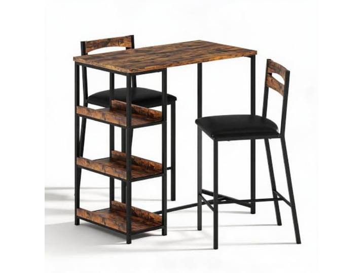 LuxFocus 3er Esszimmer Set Holztisch mit Stauraum Braun Kompakte Essgruppe mit zwei gepolsterten PU-Hockern und praktischem Stauraum für Küche, WG und Studio