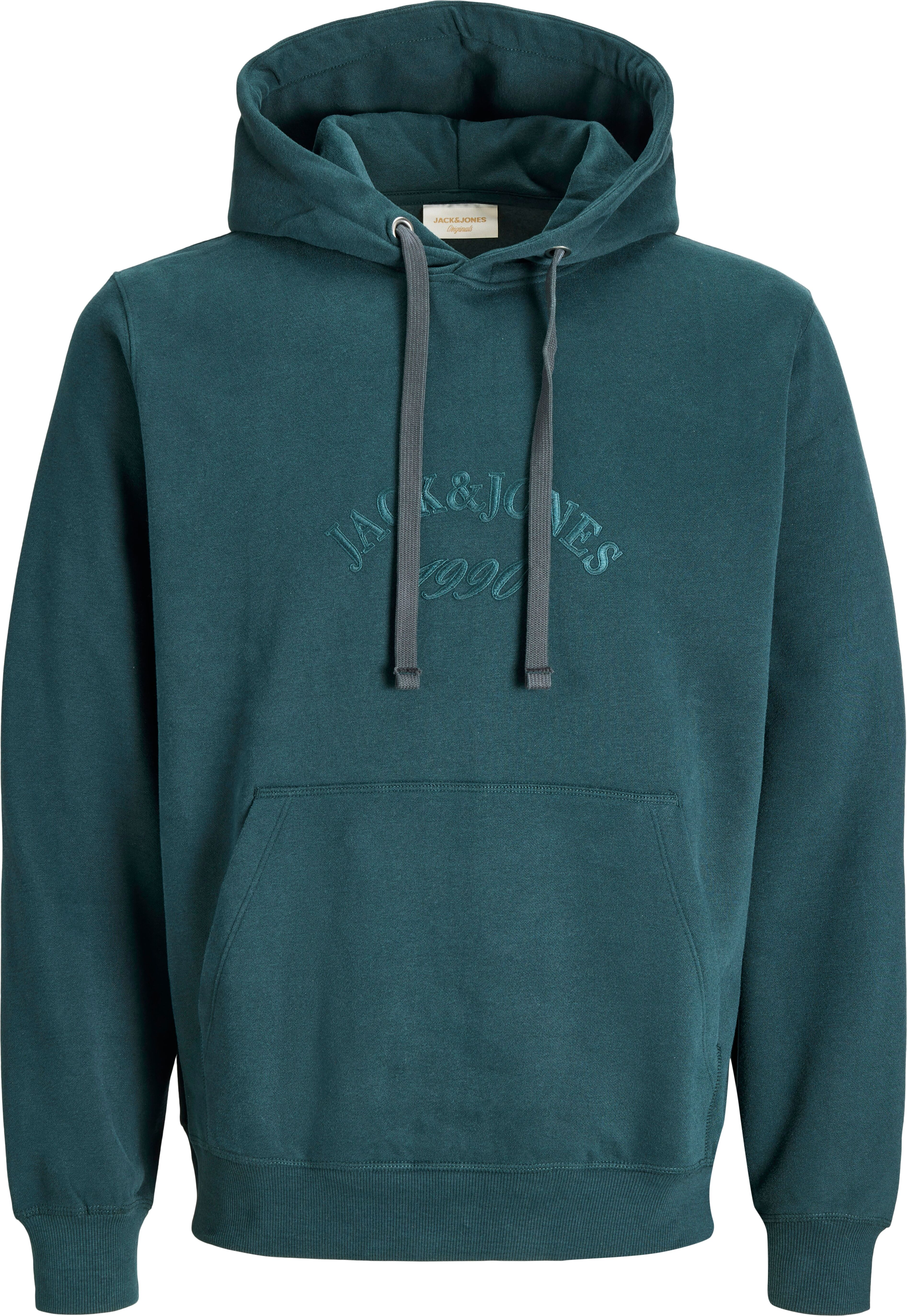 Kapuzensweatshirt JACK & JONES "JORBLEECKER BRANDING SWEAT HOOD BF", Herren, Gr. S, schwarz (forest river detail:jj), angeraute Sweatware, Obermaterial: 70% Baumwolle, 30% Polyester, unifarben, relaxed fit, Rippbündchen, Sweatshirts Kapuzensweatshirt fore