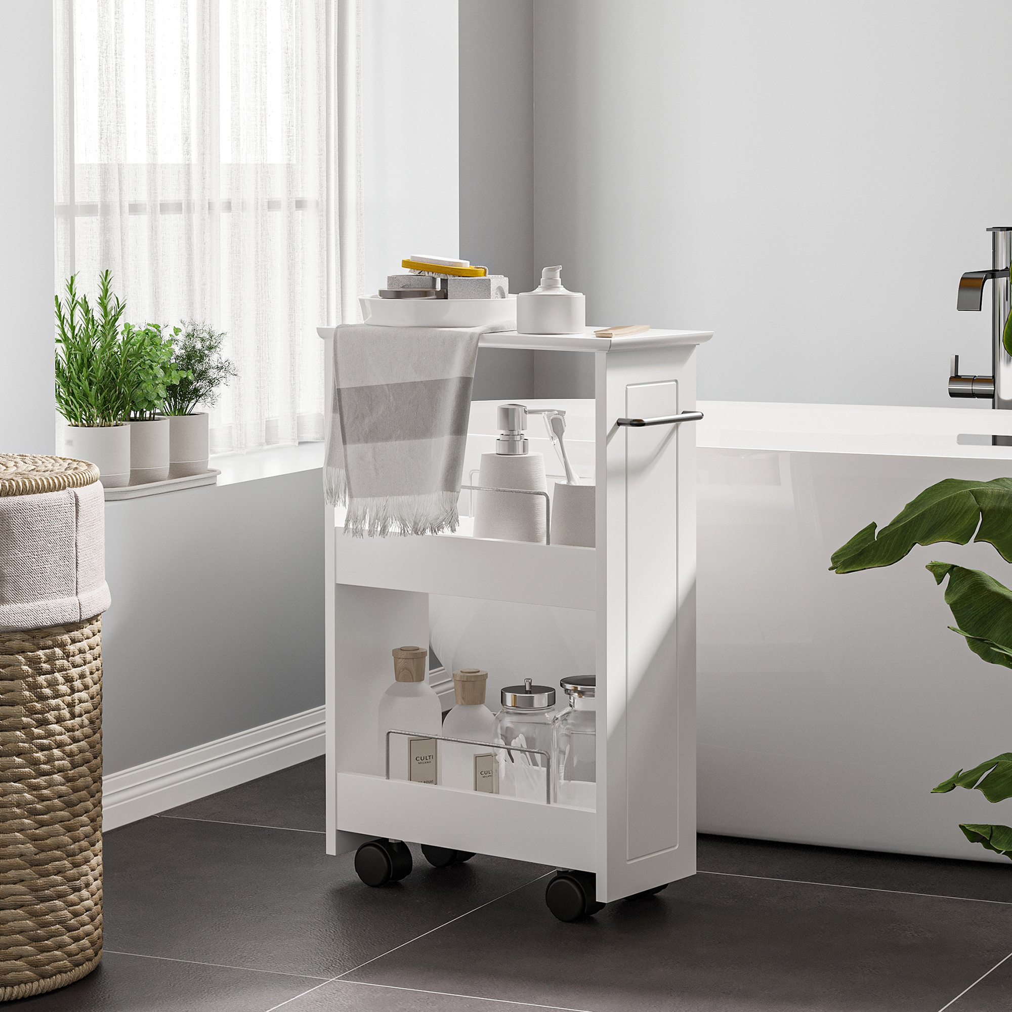 Kleankin Carrello Salvaspazio Multiuso in Legno MDF e Ruote, 42.5x20.3x66.7cm, Bianco Aosom