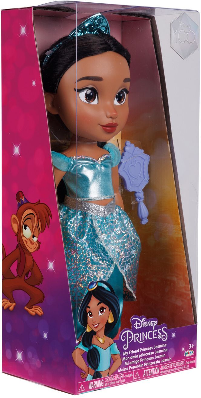 Jakks Pacific Disney Princess Jasmine 38 cm Doll for Girls, Platinum Holofoil-Print Skirt, Articulated Neck and Hips, Ages 3 and Up