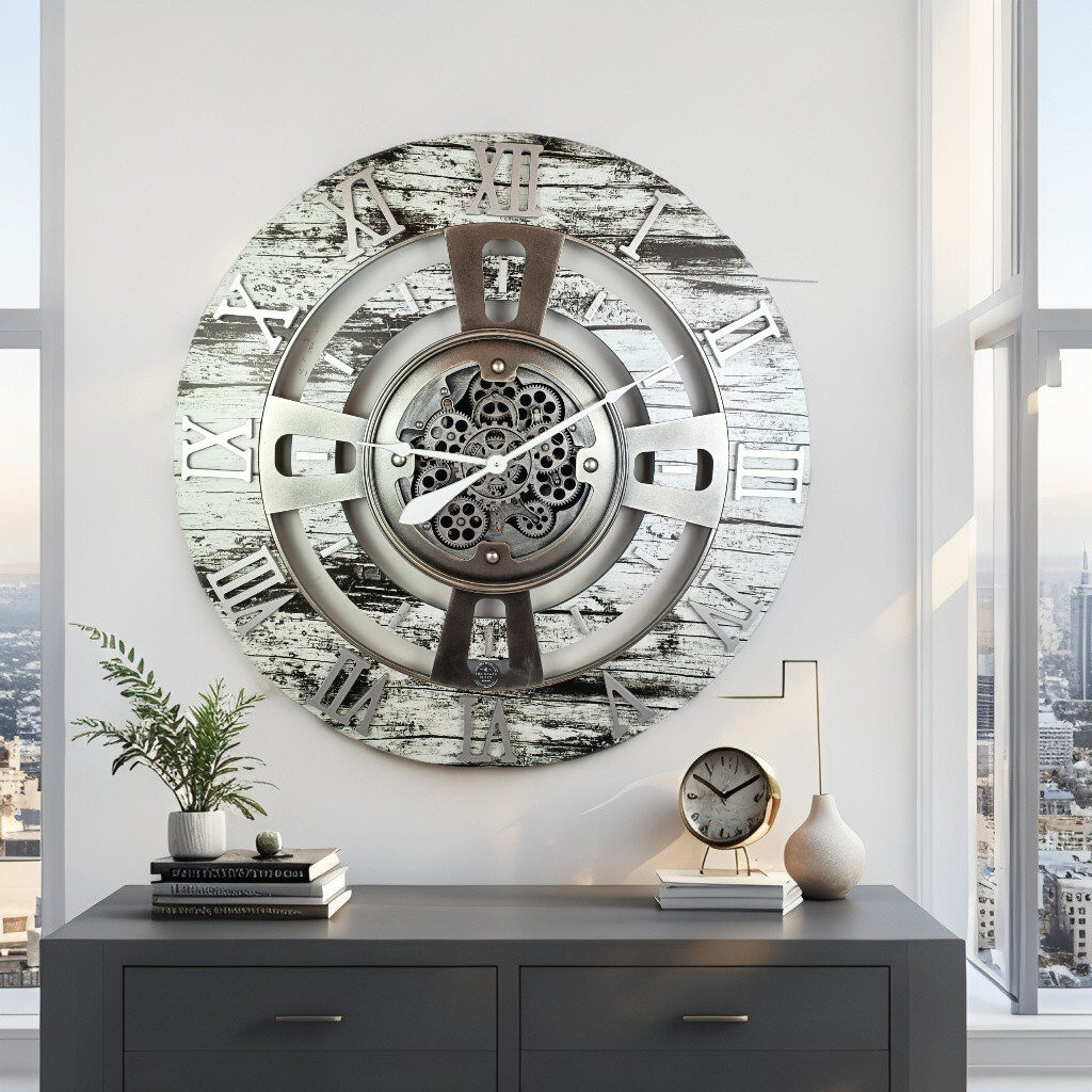 The Gears Clock Solid Wood Wall Clock Grey/White Oversize 91.4cm