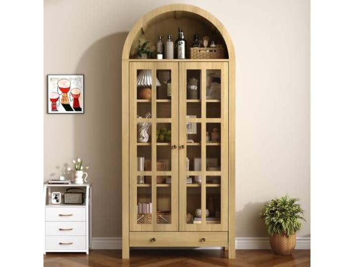 Moderner bogenförmiger Standhochschrank mit mehreren Regalebenen & Schublade – Multifunktionale Vitrine & Regalschrank mit höhenverstellbaren Einlegeböden für Wohnzimmer, Arbeitszimmer und Esszimmer