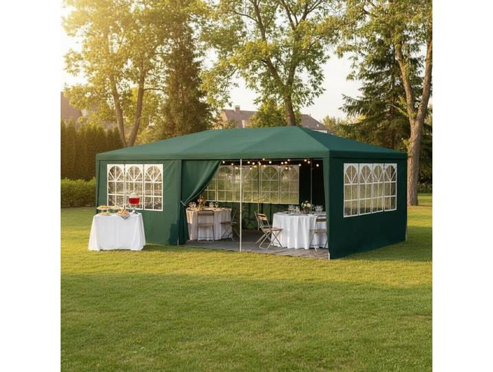 Tente de fête verte 4x6m avec panneaux latéraux, toile PE 90g/m², structure en acier, imperméable aux UV, pour événements extérieurs et jardin