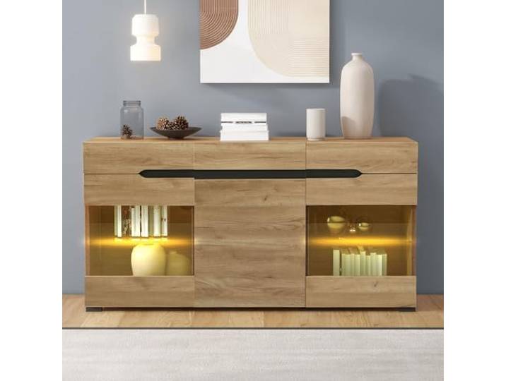 Kommode Sideboard Wohnzimmer Anrichte mit 3 Schränken 3 Schubladen, Eiche durchsichtige Acryltüren, Kabelmanagement-Loch, modernes Design, viel Stauraum, 140x35x80 cm