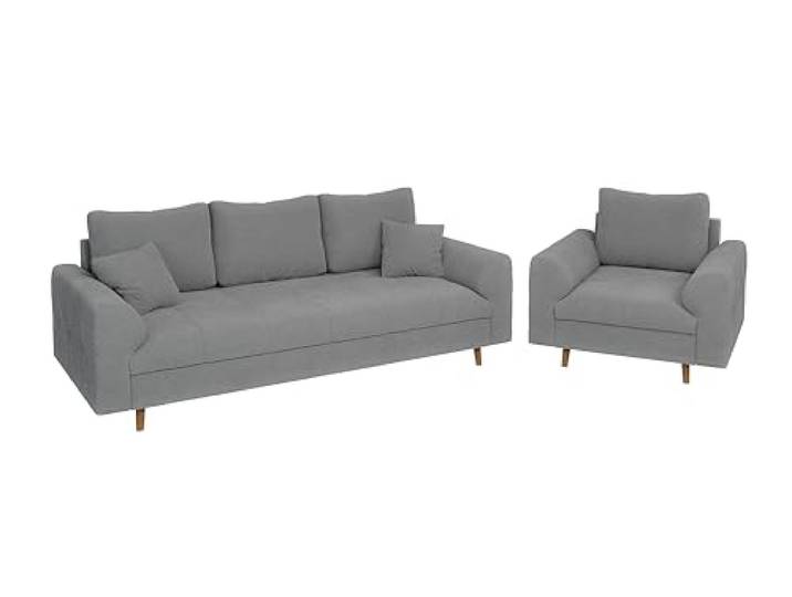 S-Style Möbel Set Sofa 3 Sitzer Sessel Couch 2 Stück Massivholzfüße Braun Freistehend Boucle Stoff Kratzfest Freistehend Erik Grau