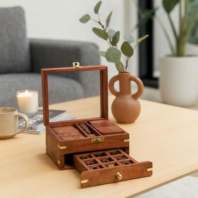 Sagebrook Home "3 in 1 Classic Tabletop Game Set in Wooden Case Storage - 6"", Brown & Gold - 6.0"""