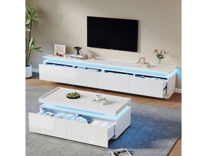 Meuble TV & table basse - SOGEU - 75 pouces - 4 tiroirs - Blanc brillant - Éclairage LED