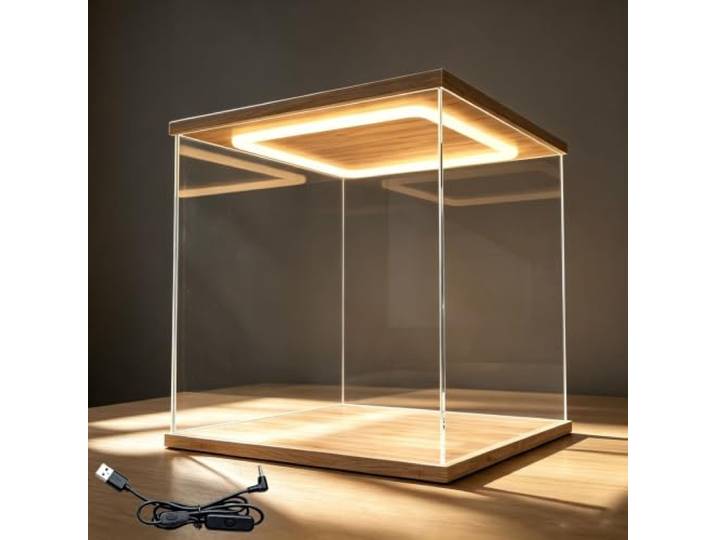 Acryl Vitrine Beleuchtete Vitrine für Sammlerstücke, Staubdichte Acrylboxen Stapelbare Vitrine für Figurentrophäen, Würfel-Organizerbox mit Tür Zum Selbstaufbau,Aufbewahrungsschrank mit 12mm Holzsockel