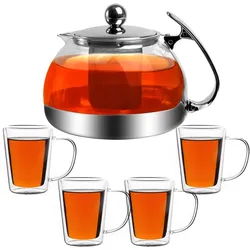 Monzana Teekanne mit Teesieb aus Edelstahl / Glas 1,2 L + 4er Set Teegläser