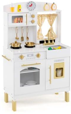 Costway Play Kitchen for Kids Wooden Chef Pretend Playset with 3 Adjustable Heights Microwave-Gold