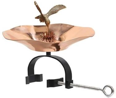"Achla Designs 13.25""Dia. Round Polished Brass/Aluminum Hummingbird Birdbath w/Black Wrought Iron Over Railing Bracket"