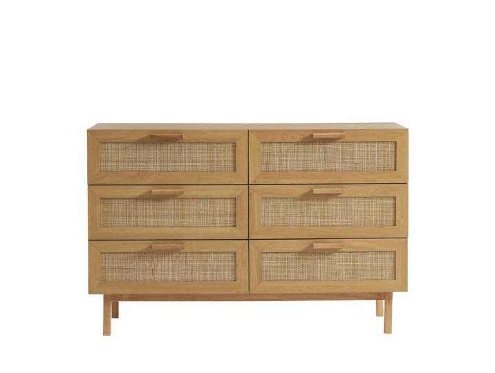 Commode 6 tiroirs en bois et cannage l130cm - bois clair