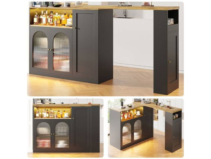 Buffet Bar rotatif 360° - Noir mat - Portes en verre irisé - LED intégrées