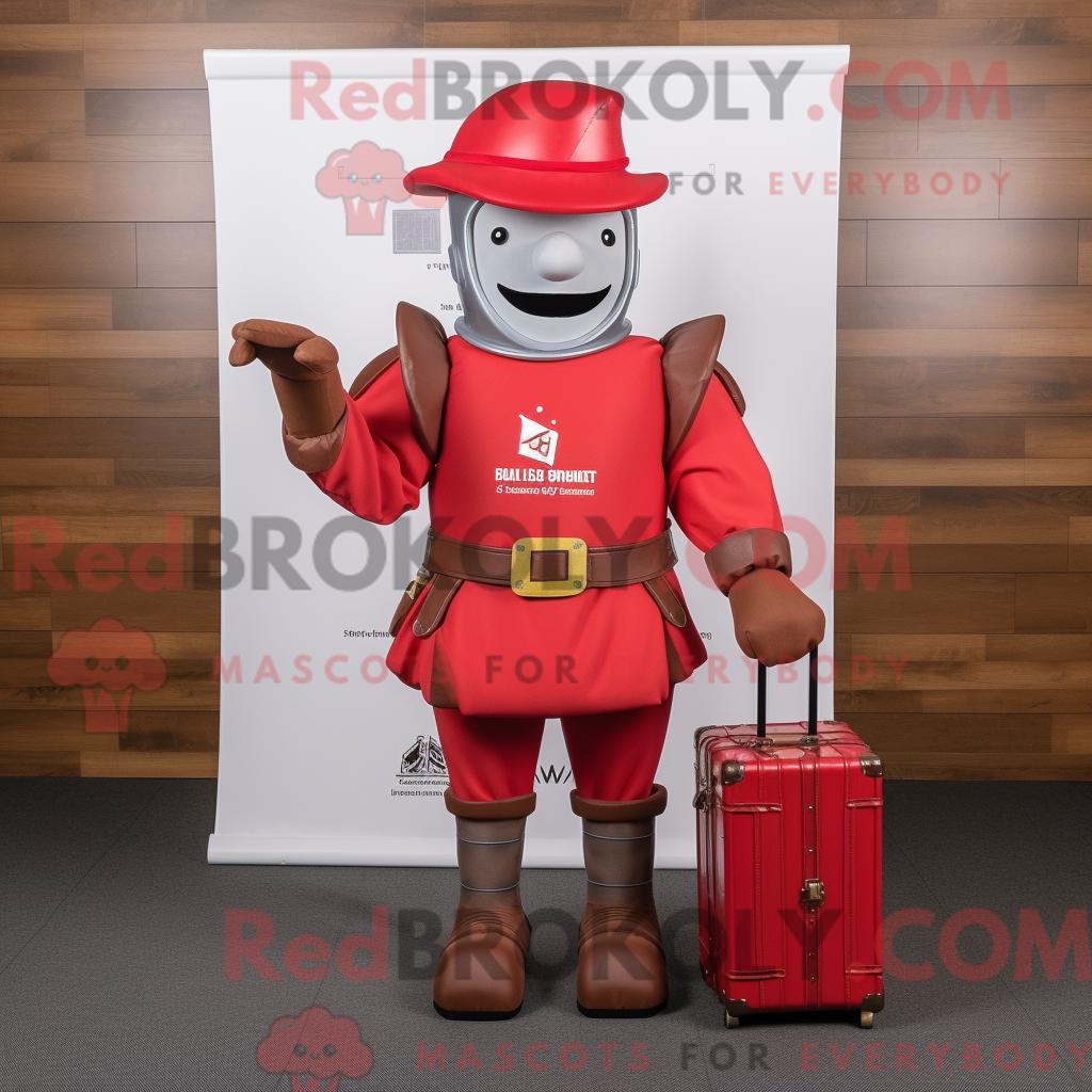 Maskottchen REDBROKOLY eines roten mittelalterlichen Ritters mit Latzhose und Aktentasche