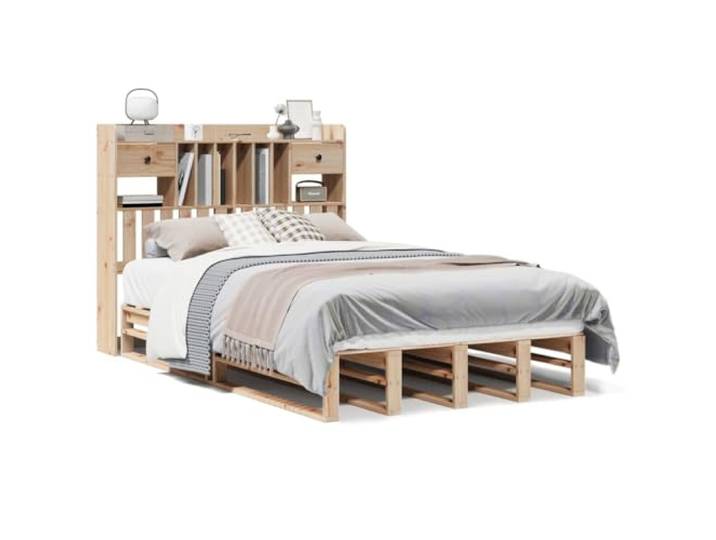 PUGYNBK Bett mit Regal aus Kiefernholz, 135 x 190 cm Lattenrost im Lieferumfang enthalten, ohne Matratze, Aufbewahrung im Kopfteil, platzsparend