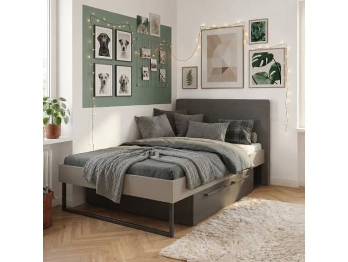 Lomadox Jugendzimmer Bett 90x200 cm in Grün mit gepolstertem Kopfteil, 2 Schubladen -