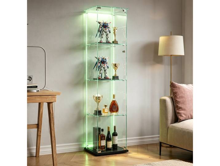 Simurq Glasvitrine Standvitrinen mit LED Beleuchtung, 3 Lagen Vitrinenschrank mit Glastür (1-St, Glas Vitrine mit 1 Glastür und 4 Lagen, Glasschrank mit Schloss) Sammlervitrine für Sammlerstücke, Modernes rahmenloses Design