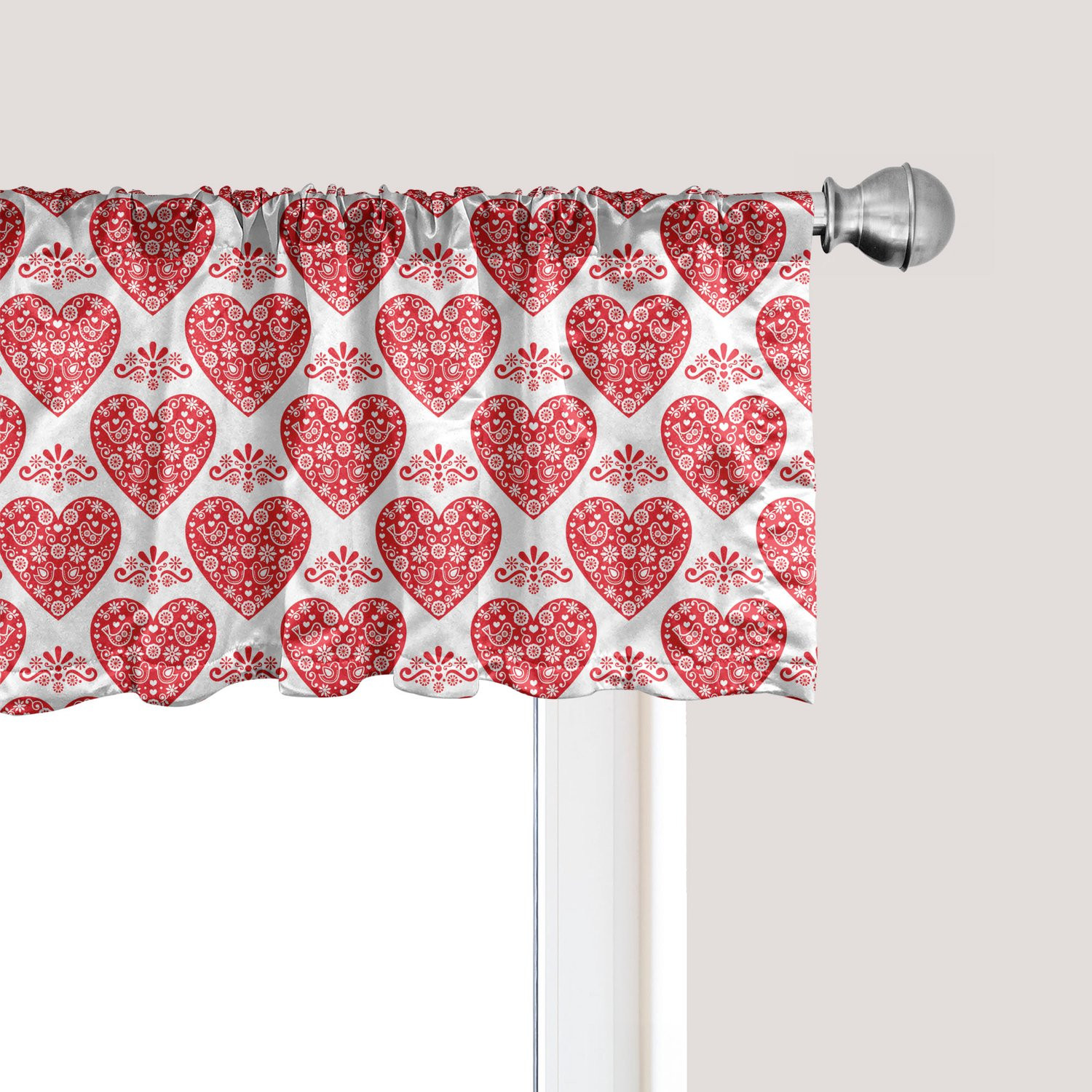 ABAKUHAUS Norwegian Gordijnvalletje met Hart, Bloemen en Vogel Motieven, Vermiljoen en Wit, 137 x 45 cm